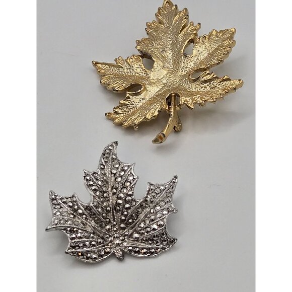 VTG 2PC Brooch Maple Leaf Set Gold Silver Tone Fall Classy Elegant Statement Pin - Picture 8 of 16